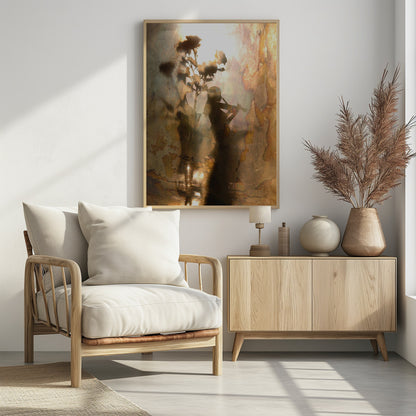 An abstract, dreamlike artwork featuring the dark silhouettes of a person playing the violin and a vase of roses against a bright, textured, and reflective background with warm tones of brown, gold, and bronze. The piece has a weathered, vintage appearance and is set in a thin black frame. Print