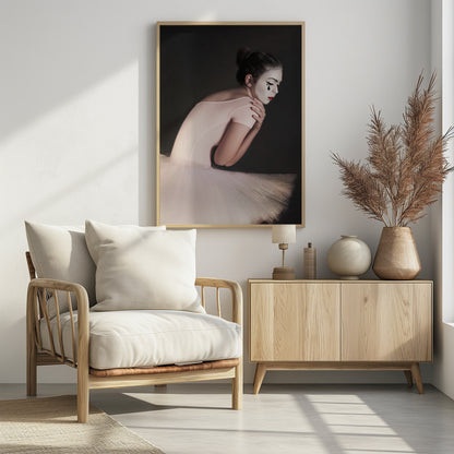 A portrait of a sad ballerina with white mime makeup and a black teardrop painted on her cheek, wearing a pink leotard and white tutu against a dark gray background. Artwork