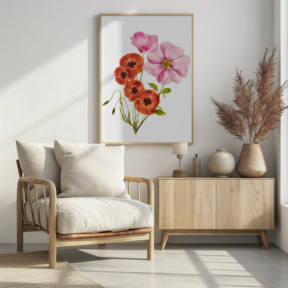 A minimalist art print of a bouquet with vibrant orange poppies and large pink flowers against a clean white background, enclosed in a thin black frame. The flower petals appear delicate and translucent, revealing their inner structures under a soft light. Decor