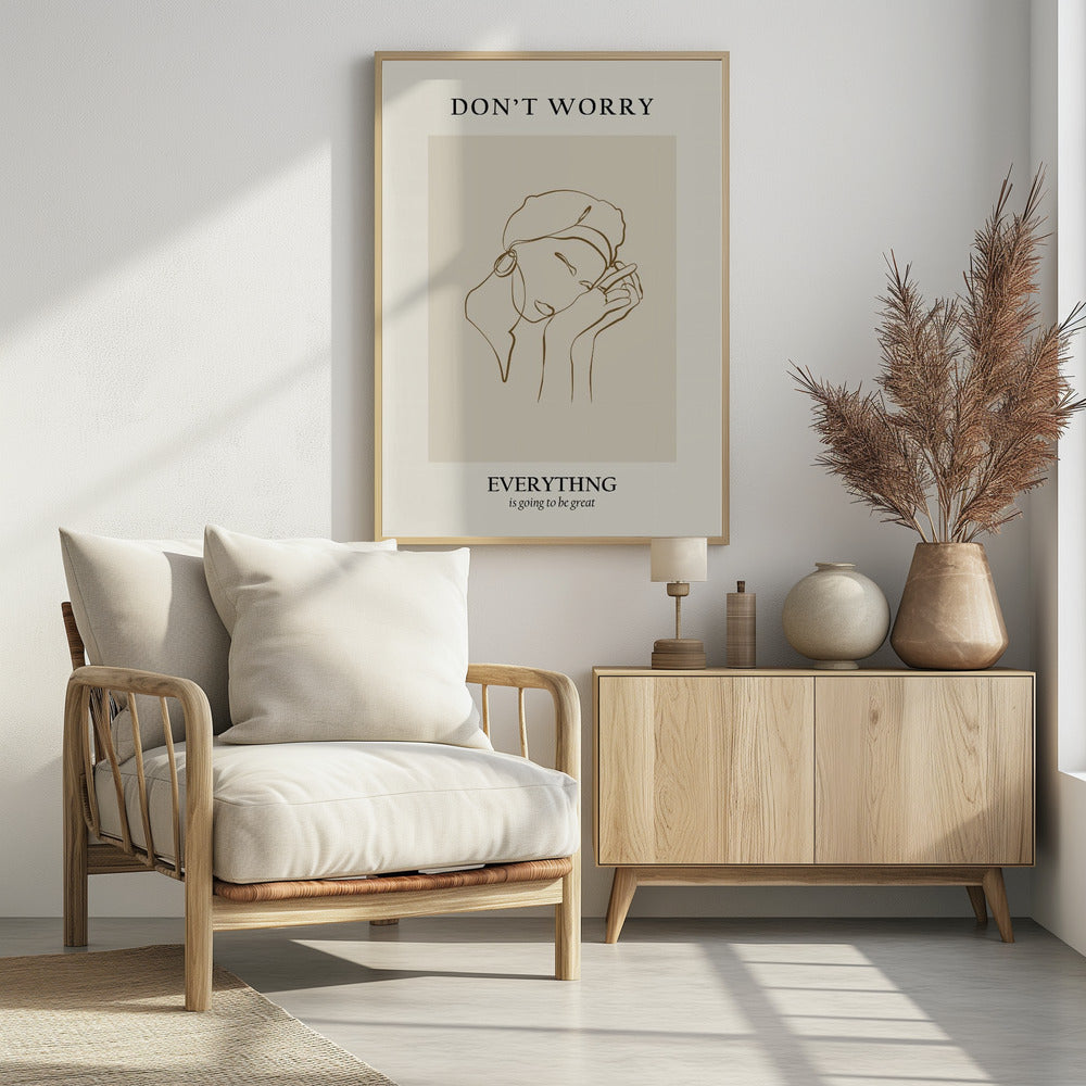A framed motivational poster featuring a minimalist line drawing of a person's face. On a beige background, text at the top reads 'DON'T WORRY' and text at the bottom reads 'EVERYTHING is going to be great'. The central artwork is a continuous brown line depicting a person with closed eyes, wearing a beret and hoop earring, and resting their chin on their hands. Wall Art