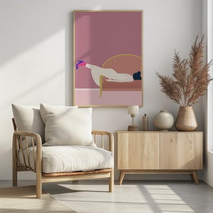 A minimalist illustration of a woman in a white polka-dot dress and a single blue high heel, lounging on a pink couch against a matching pink wall, all within a black frame. Decor