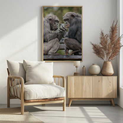 A humorous photo of two chimpanzees sitting on a wooden bench, looking intently at a silver smartphone held by one of the chimps as if they are watching a video or taking a selfie. Print