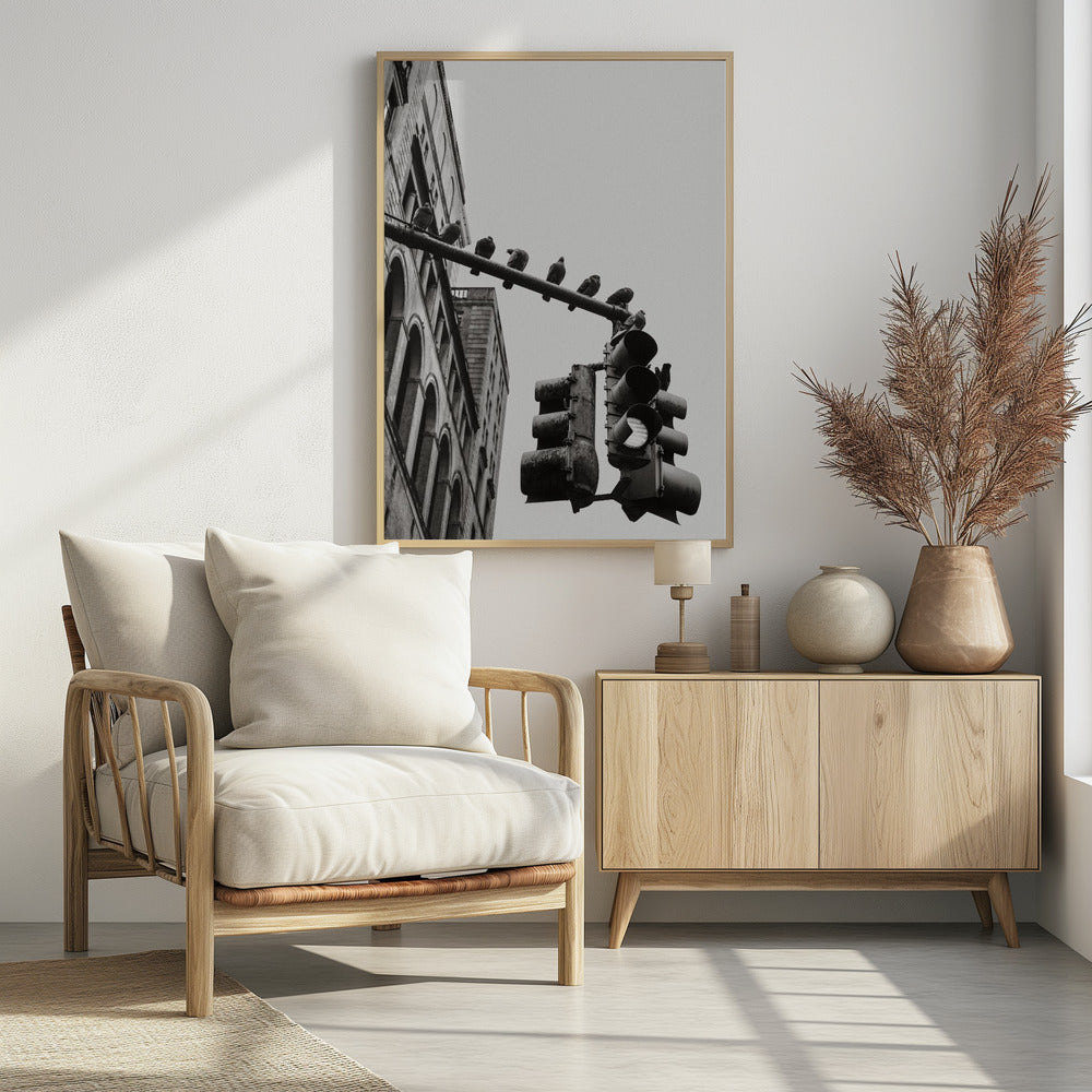 A low-angle, black and white photograph of pigeons perched along a traffic light arm, with a large city building in the background against a gray sky. Wall Art