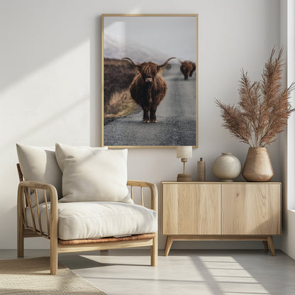 A portrait photograph of a shaggy, brown Highland cow standing in the center of a narrow road, looking directly at the camera. Another Highland cow is seen further down the road in the background, with a misty, hilly landscape on either side. Wall Art
