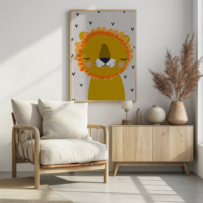 A cute, cartoon illustration of a sleeping lion's head and shoulders. The lion is golden yellow with a fluffy orange and light yellow mane, closed eyes with long lashes, a white muzzle, and pink cheeks. The background is light gray with a pattern of small, dark blue V-shapes. Wall Art