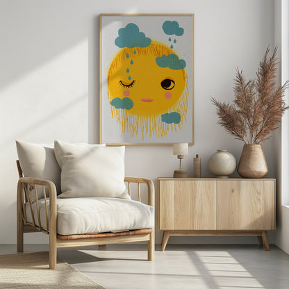 A whimsical illustration of a large, round yellow sun with a friendly face. The sun is winking with one eye, has pink cheeks, and its rays are depicted as a shaggy fringe. Small, stylistic blue clouds float around it, with some dripping blue raindrops. Wall Art