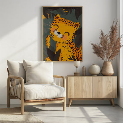 A cute, stylized illustration of a happy leopard with its eyes closed, smiling contentedly. The yellow and black-spotted leopard is surrounded by dark green and black jungle foliage. Decor