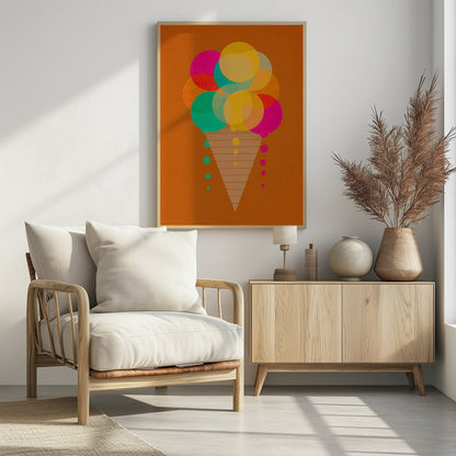A modern graphic art print of an ice cream cone on a burnt orange background. The ice cream is composed of multiple overlapping, translucent circles in bright pink, yellow, and teal, with drips falling down the sides of a patterned cone. Print