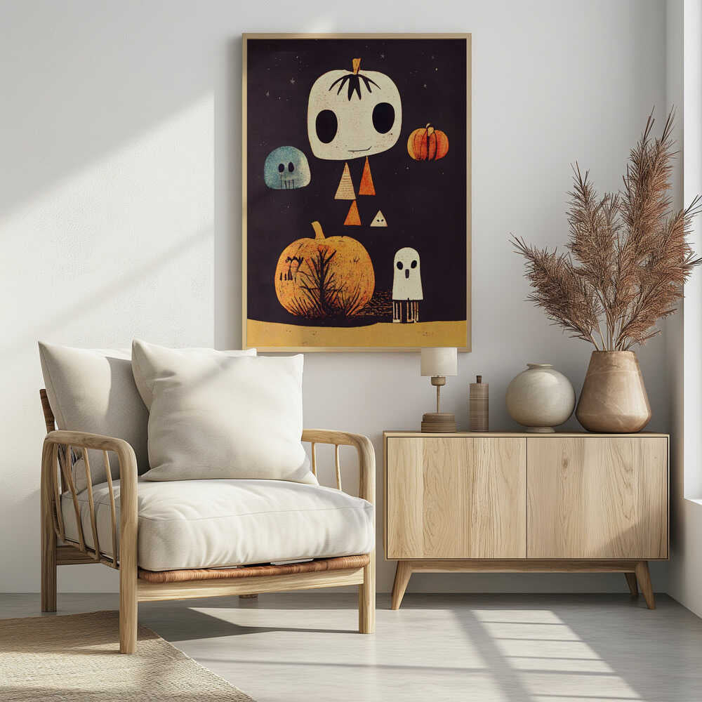 A whimsical Halloween illustration with several stylized characters against a dark starry background. The main figure is a large, cream-colored pumpkin head with big black eyes and a body made of triangles. It is surrounded by a blue skull, a small orange pumpkin, a large orange pumpkin with a tree silhouette, and a small white ghost. Print