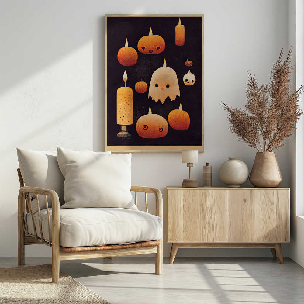 A whimsical Halloween illustration featuring a cute white ghost and several orange pumpkins with carved faces, all lit like candles with flames on their heads. The characters are set against a dark, textured background, creating a charming and spooky scene. Artwork
