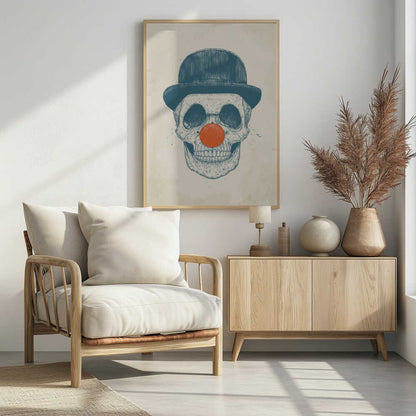 An illustration of a human skull wearing a blue bowler hat and a bright orange clown nose, rendered in a blue sketch style against a cream-colored, textured background. Wall Art