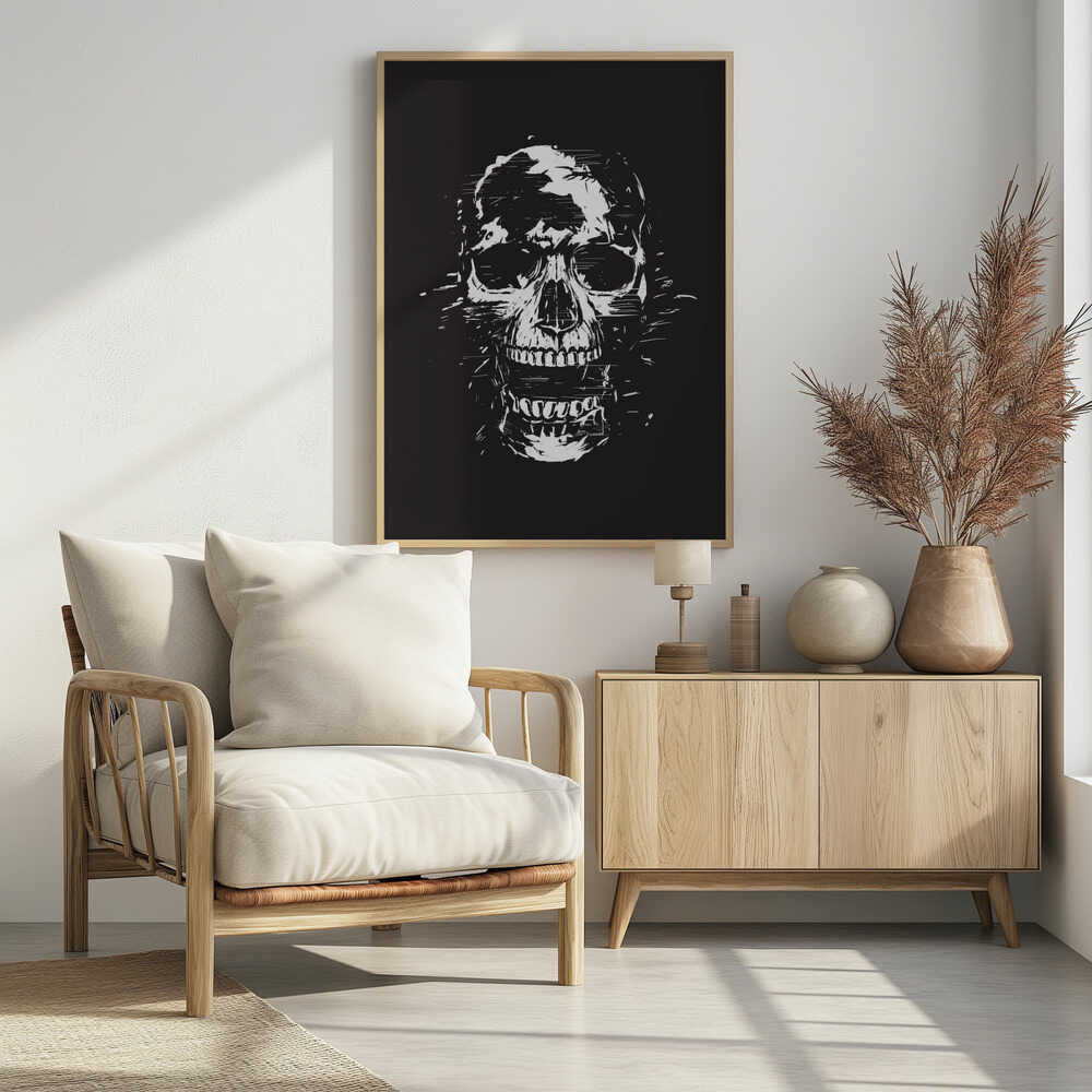 A high-contrast black and white illustration of a human skull with its mouth open. The image is rendered in a rough, distressed, and sketchy style with glitch-like horizontal lines and splatters, all set against a solid black background and enclosed in a thin black frame. Wall Art