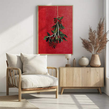 A botanical artwork of a hanging sprig with green leaves and red berries set against a vibrant, textured red background, presented in a black frame. Print