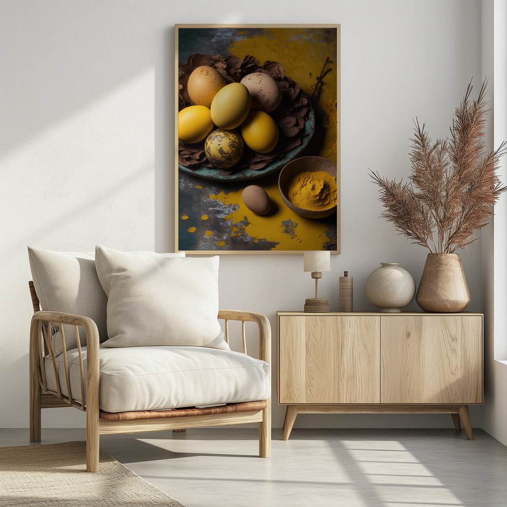 A rustic still life photograph of yellow and speckled brown eggs in a nest of leaves on a plate, with a bowl of yellow spice powder on a dark, textured surface. Print