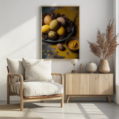 A rustic still life photograph of yellow and speckled brown eggs in a nest of leaves on a plate, with a bowl of yellow spice powder on a dark, textured surface. Print