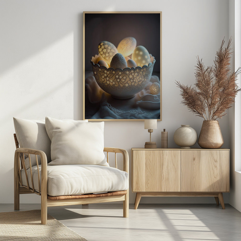 A still life photo of a white, intricately carved bowl resembling lace, filled with decorative eggs. Several of the eggs and the bowl itself are lit from within, casting a warm, golden glow through cutout patterns of flowers and delicate designs, creating a magical, cozy atmosphere against a dark background. Decor