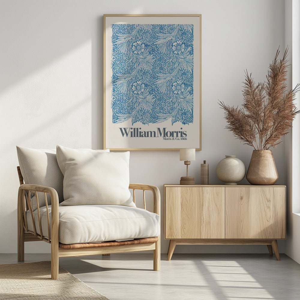 A framed art print of a William Morris design featuring an intricate, repeating floral and foliage pattern in blue on a white background. Below the pattern, the text 'William Morris' and 'Morris & Co. 1866' is printed in grey against a cream-colored border. Artwork