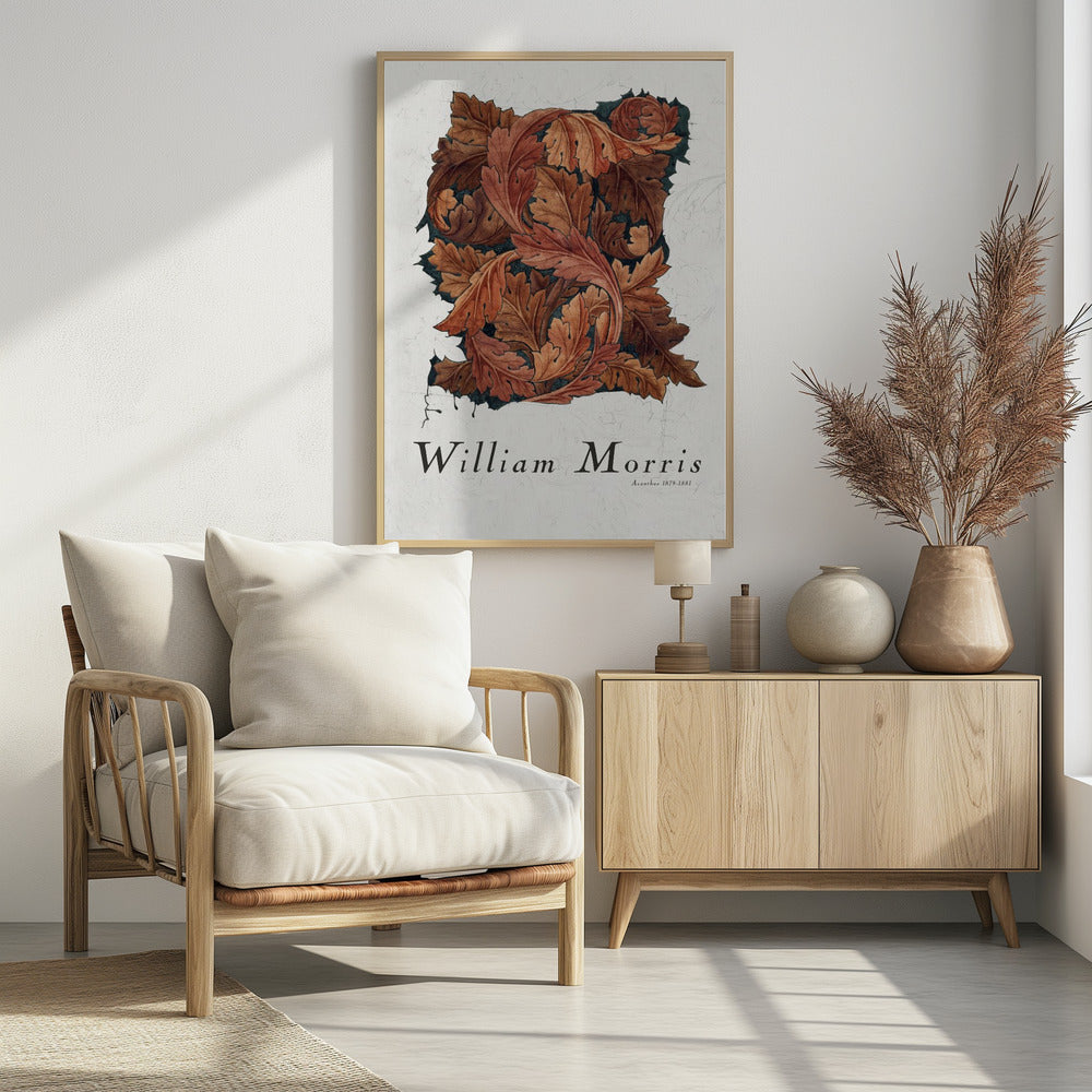 A framed art print by William Morris titled 'Acanthus 1879-1881'. The artwork features an intricate pattern of swirling acanthus leaves in shades of brown, rust, and orange against a dark background, all set on a textured off-white paper. Poster