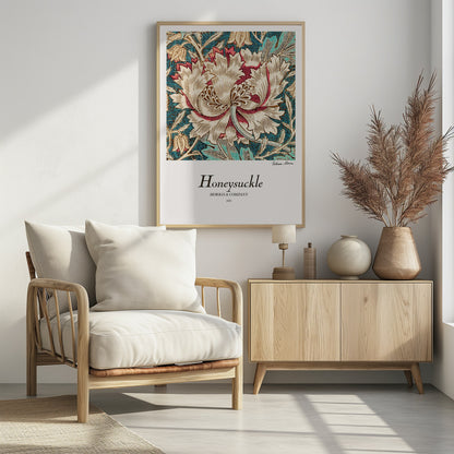 A vintage art print by William Morris titled 'Honeysuckle' from 1876. The design features a large, stylized cream and red honeysuckle flower on a detailed background of teal leaves and smaller tan flowers. The poster has a white border with text and is in a black frame. Wall Art