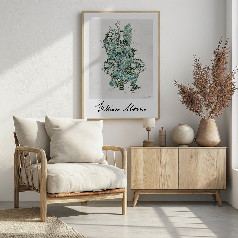 A framed vintage art print by William Morris titled 'Anemone 1876'. The design features a detailed botanical illustration of stylized anemone flowers and acanthus leaves in shades of green, teal, and white on a light grey background. The artist's signature is prominent at the bottom. Decor