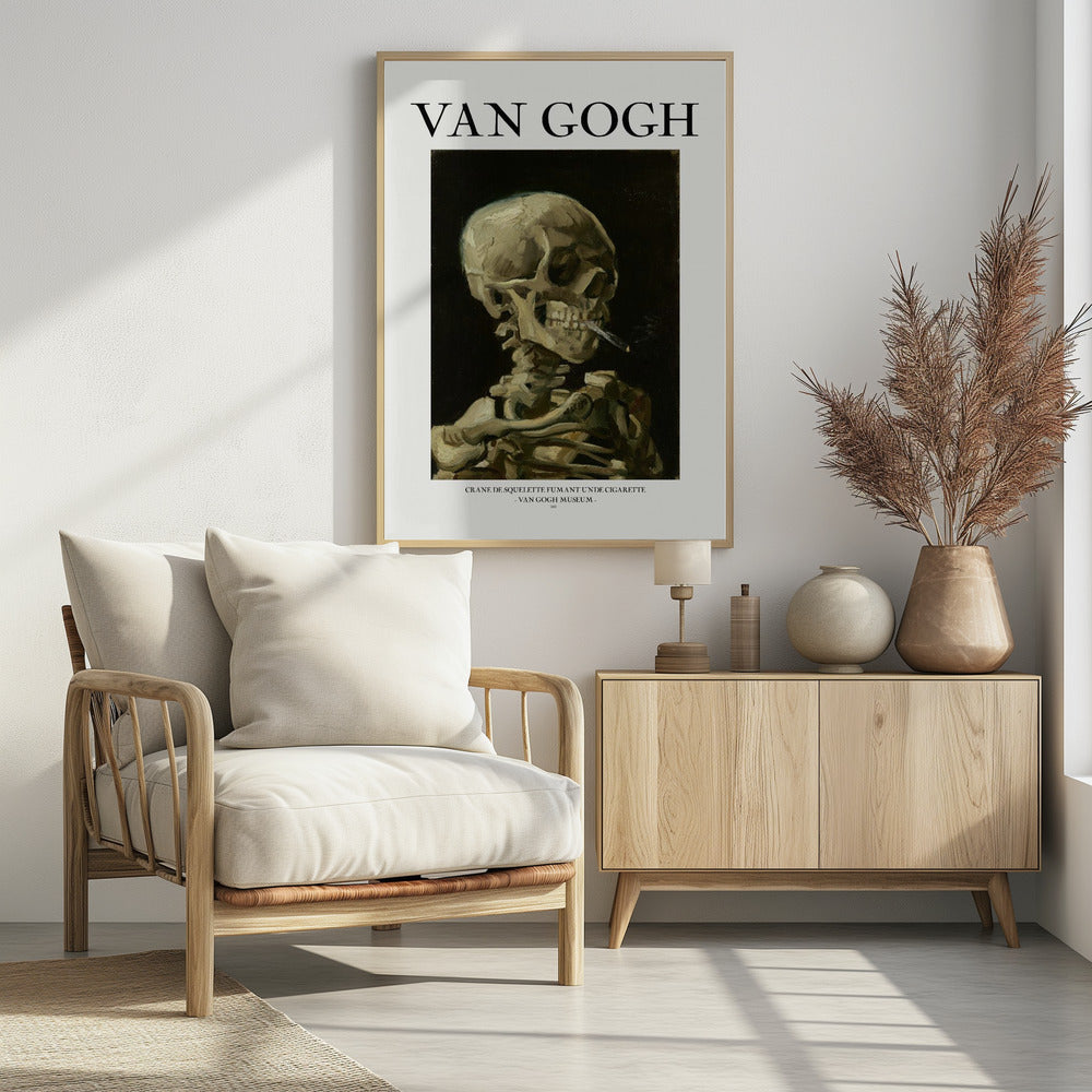 A framed poster of Vincent van Gogh's famous painting, 'Skull of a Skeleton with Burning Cigarette.' The artwork features a human skeleton against a dark background, with a lit cigarette clamped between its teeth. The poster includes the artist's name, 'VAN GOGH,' in large text at the top. Artwork