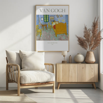 A poster of Vincent van Gogh's famous painting 'The Bedroom' from 1889. The artwork depicts a simple, colorful room with a yellow wooden bed, two chairs, and light blue walls, all rendered in his iconic post-impressionist style with thick brushstrokes. The poster has a black frame, and white borders with the text 'VAN GOGH' at the top and 'THE BEDROOM - 1889 -' at the bottom. Artwork
