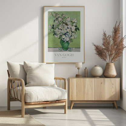 A framed art print of Vincent van Gogh's painting 'Roses'. It features a lush bouquet of white roses with green leaves in a green vase, set against a light green background. The impressionist style is evident in the thick, visible brushstrokes. The print has a white mat with the text 'VAN GOGH' and 'ROSES' at the bottom. Wall Art