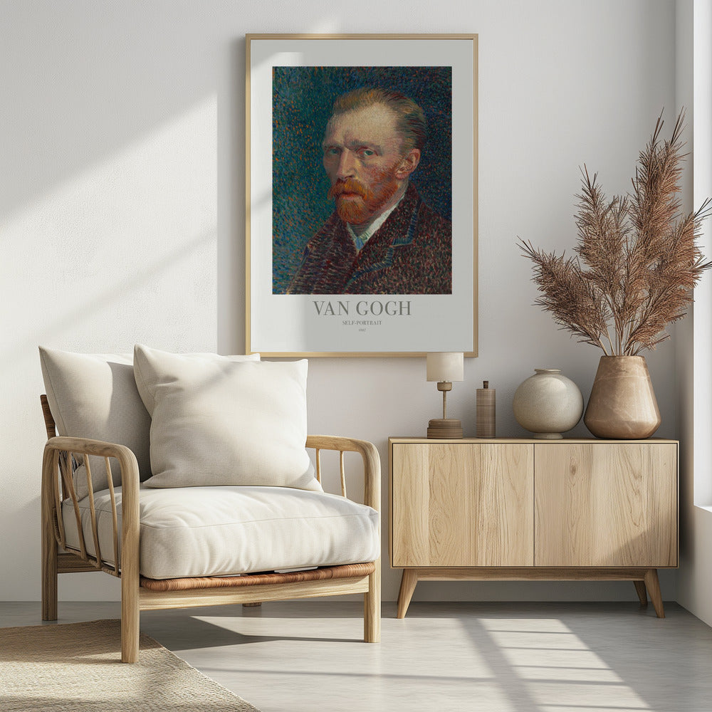 A framed poster of Vincent van Gogh's 1887 self-portrait. The Post-Impressionist painting features the artist with a fiery red beard and intense gaze against a stippled blue and orange background. The poster includes text identifying the artist and artwork. Print