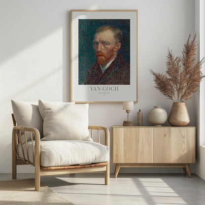 A framed poster of Vincent van Gogh's 1887 self-portrait. The Post-Impressionist painting features the artist with a fiery red beard and intense gaze against a stippled blue and orange background. The poster includes text identifying the artist and artwork. Print