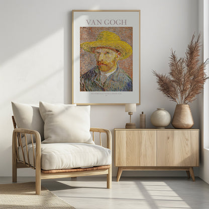 A framed art print of Vincent van Gogh's 'Self Portrait with a Straw Hat' from 1887. The post-impressionist painting shows the artist in a bright yellow straw hat and a blue jacket, with his characteristic intense gaze and reddish beard. The print is on a light-colored background with the artist's name at the top and the title and year at the bottom. Artwork