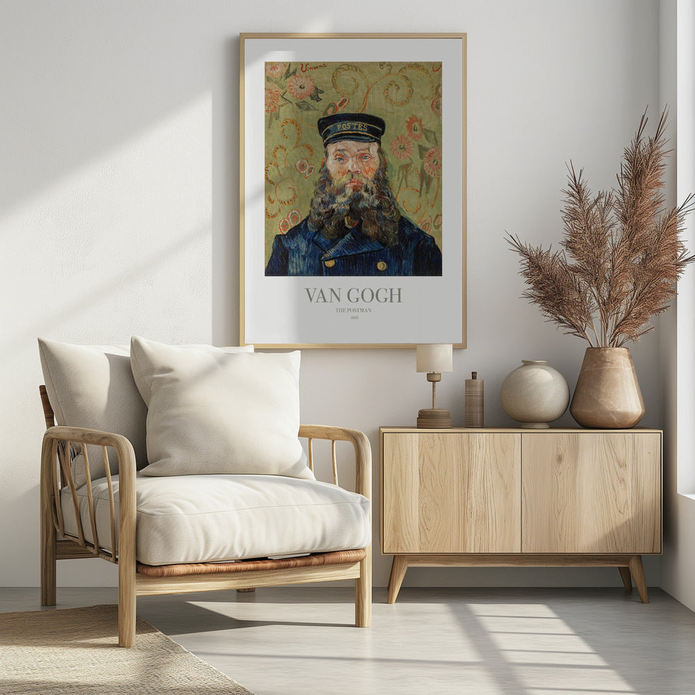 A framed art print of Vincent van Gogh's painting 'The Postman' from 1888. The portrait shows a man with a thick, wavy beard and blue eyes, wearing a dark blue postman's uniform and cap. The background is a decorative light green with a swirling floral pattern. Poster