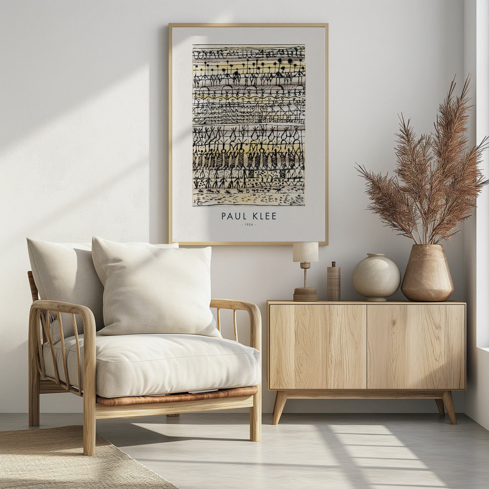 A framed art print of Paul Klee's 1924 abstract work, featuring horizontal rows of intricate, hieroglyphic-like black ink symbols and figures on a textured cream and pale yellow background. The artist's name and the year are printed below the artwork. Print