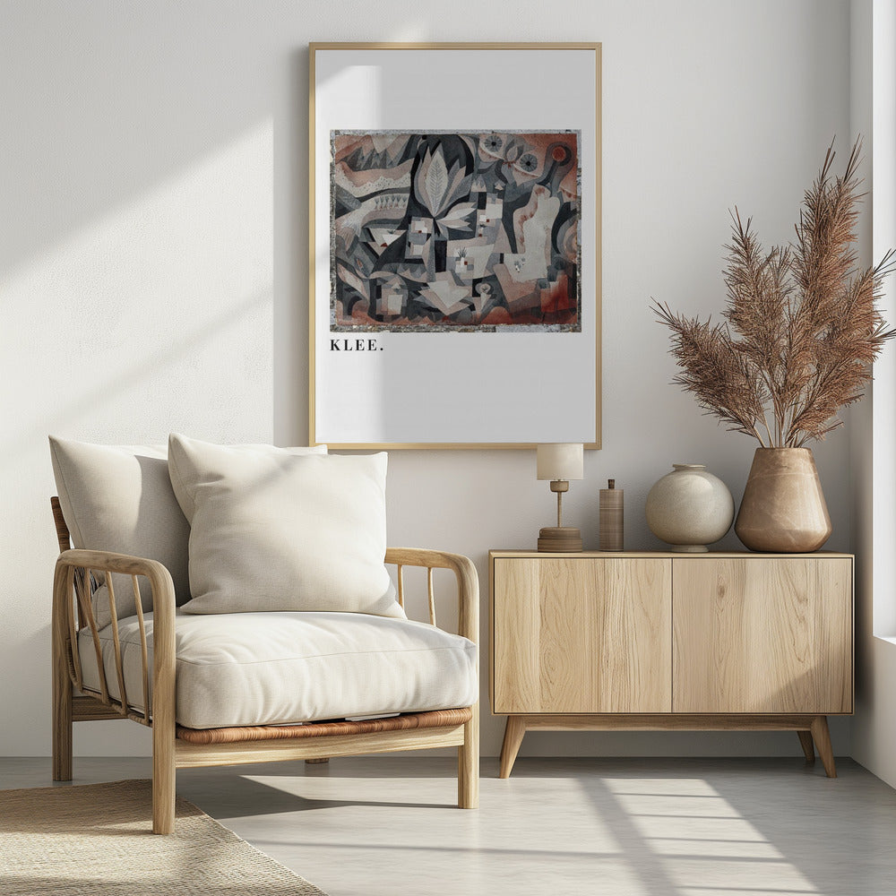 A framed art print of an abstract painting by Paul Klee. The complex composition features geometric and biomorphic shapes in a muted palette of gray, brown, and terracotta. Below the artwork, on a white mat, the name 'KLEE.' is printed in a black serif font. Decor
