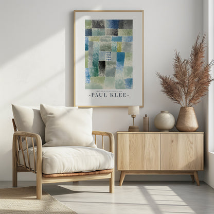 A framed art print of Paul Klee's 1926 painting 'First House in Settlement.' The artwork is an abstract composition of rectangular watercolor blocks in muted shades of blue, green, and grey, arranged in a grid pattern. The title and artist's name are printed below the image. Decor