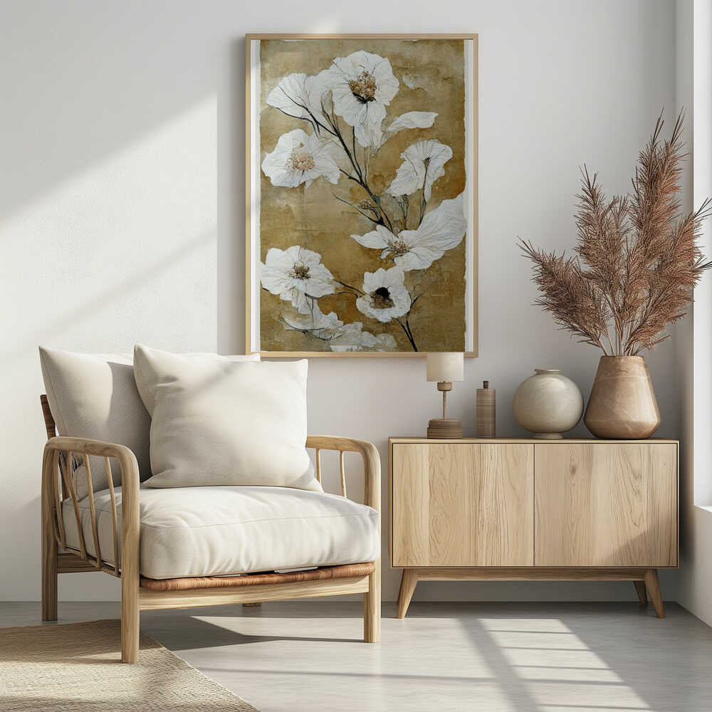 A vintage-style painting of delicate, papery white flowers with gold and brown centers on thin black stems. The background is a textured, mottled golden-brown, giving the artwork an aged, rustic feel. The piece is presented in a simple black frame. Print