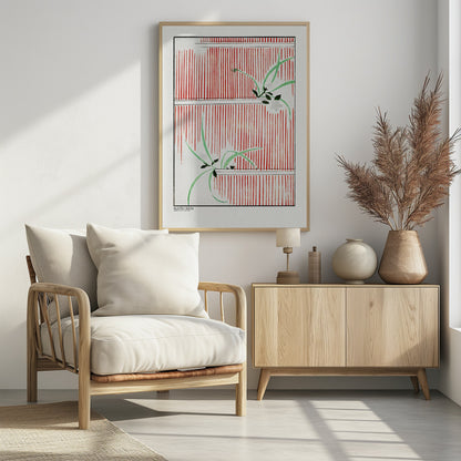 A Japanese woodblock print featuring delicate green leaves and white flowers set against a bold background of vertical red stripes on a white canvas. The artwork is framed in black and has Japanese text in the lower-left corner. Wall Art