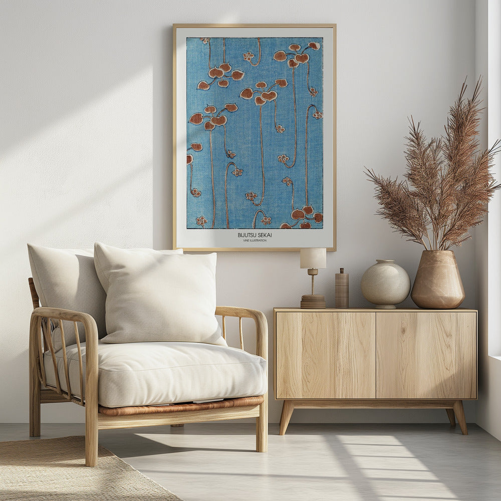 A vintage Japanese art print from Bijutsu Sekai featuring stylized brown vines with heart-shaped leaves and small blossoms hanging against a textured blue background. The print is displayed in a black frame with a white mat. Artwork