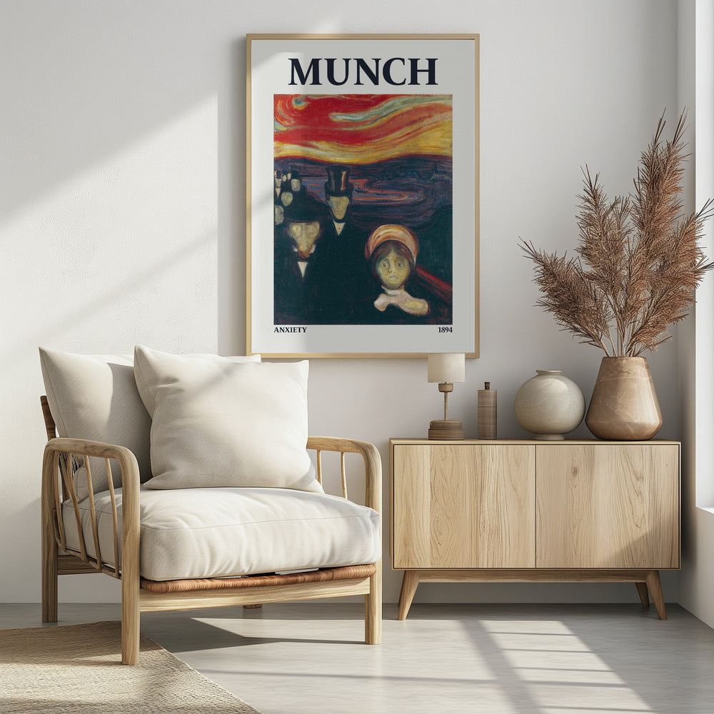 A poster for Edvard Munch's 1894 painting 'Anxiety'. It shows a crowd of ghostly, pale-faced figures in dark attire standing under a dramatic, swirling red and orange sky. The word 'MUNCH' is printed at the top, with 'ANXIETY' and '1894' at the bottom. Decor
