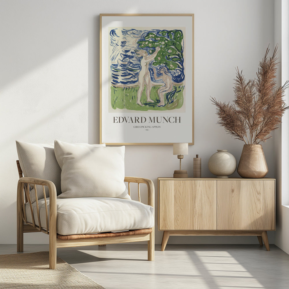 A framed poster of Edvard Munch's 1915 artwork, 'Girls Picking Apples'. The print features two nude women in a stylized landscape; one stands picking an apple from a tree, while the other sits. The art is rendered in expressive strokes of blue, green, and cream. Wall Art