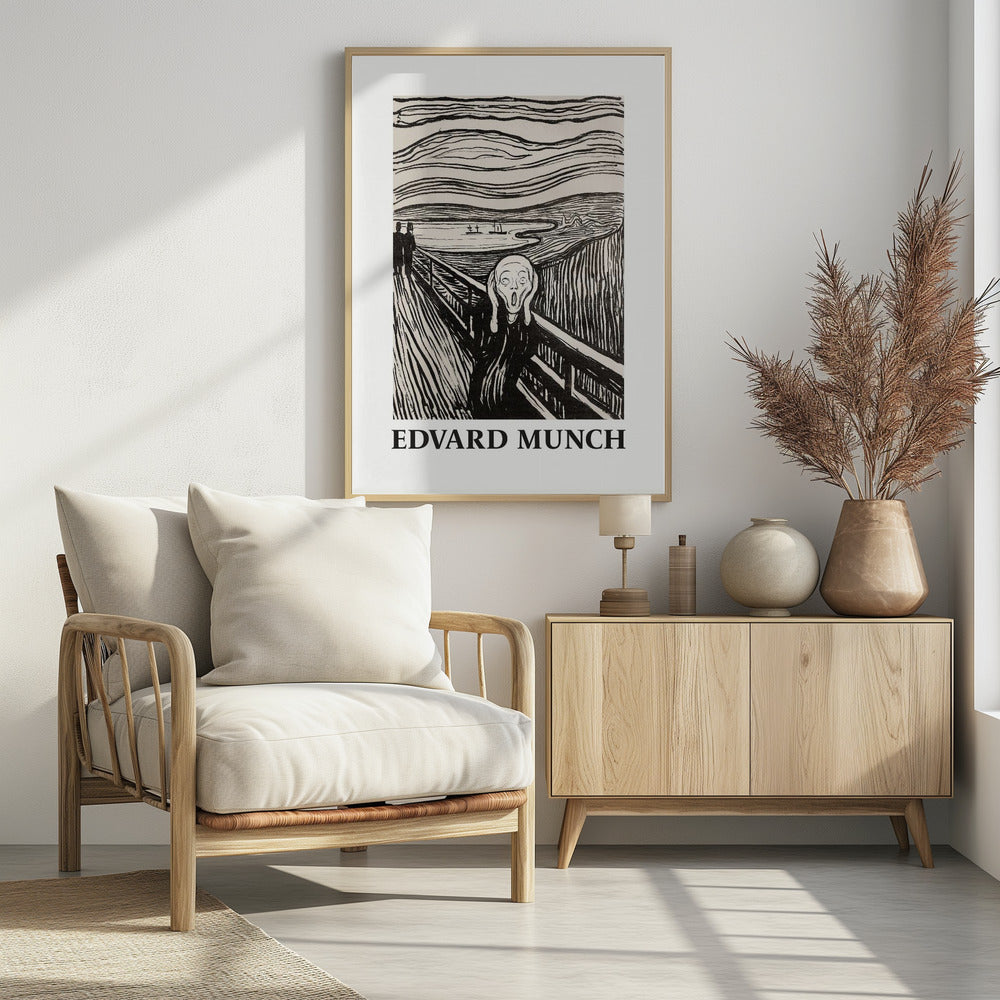 A black and white print of Edvard Munch's 'The Scream' in a black frame. The iconic artwork features a tormented figure on a bridge, screaming with hands to its head, under a swirling sky. The artist's name, 'EDVARD MUNCH', is printed below the image. Artwork
