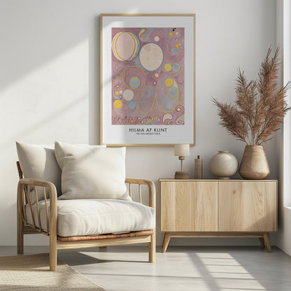 A framed art print of Hilma af Klint's abstract painting 'The Ten Largest, No. 8'. It features a collection of circles, ovals, and swirling biomorphic shapes in pastel colors like pink, yellow, and light blue set against a lavender background. Poster