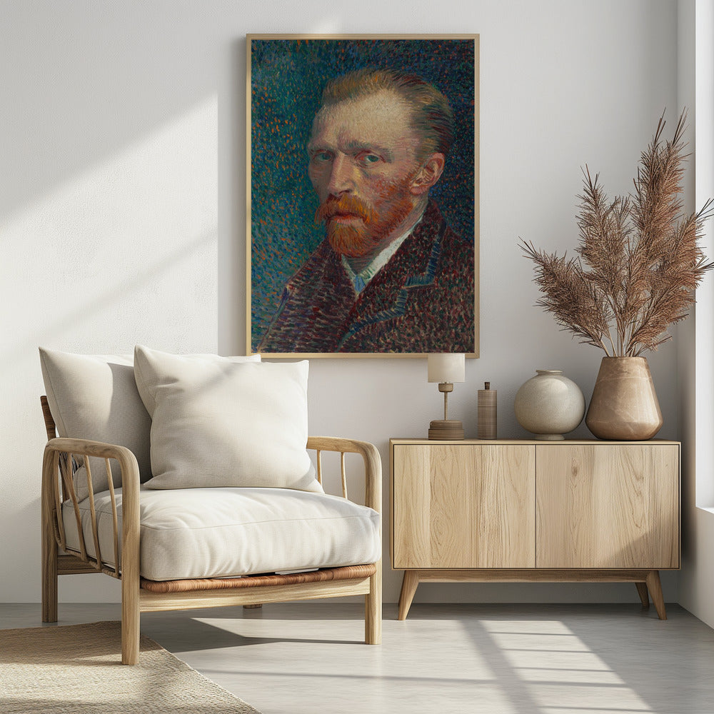 A framed Post-Impressionist self-portrait by Vincent van Gogh. He has a red beard and intense green eyes, looking directly at the viewer against a swirling, stippled background of blue and orange. Print