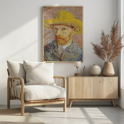 A Post-Impressionist self-portrait by Vincent van Gogh wearing a bright yellow straw hat. The painting features thick, expressive brushstrokes, with the artist's intense gaze directed at the viewer. He has a reddish-blond beard and is wearing a blue jacket against a textured, warm-toned background. Wall Art