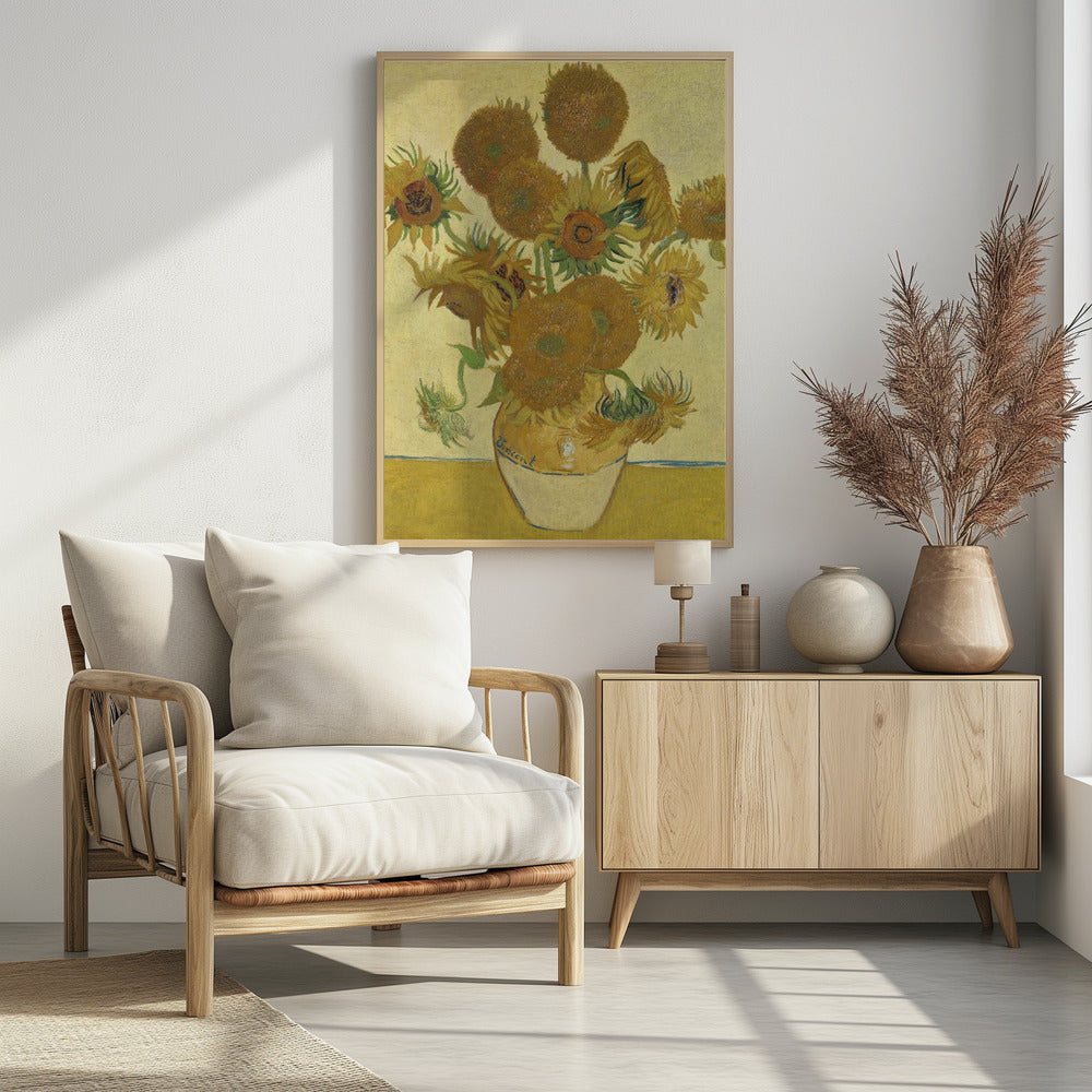 A framed reproduction of Vincent van Gogh's famous 'Sunflowers' painting. It depicts a rustic earthenware vase filled with a bouquet of sunflowers in various stages of life, from full bloom to wilting. The painting is characterized by its vibrant yellow and brown tones and thick, expressive brushstrokes, signature to the post-impressionist style. The artist's name, 'Vincent', is signed on the vase. Decor