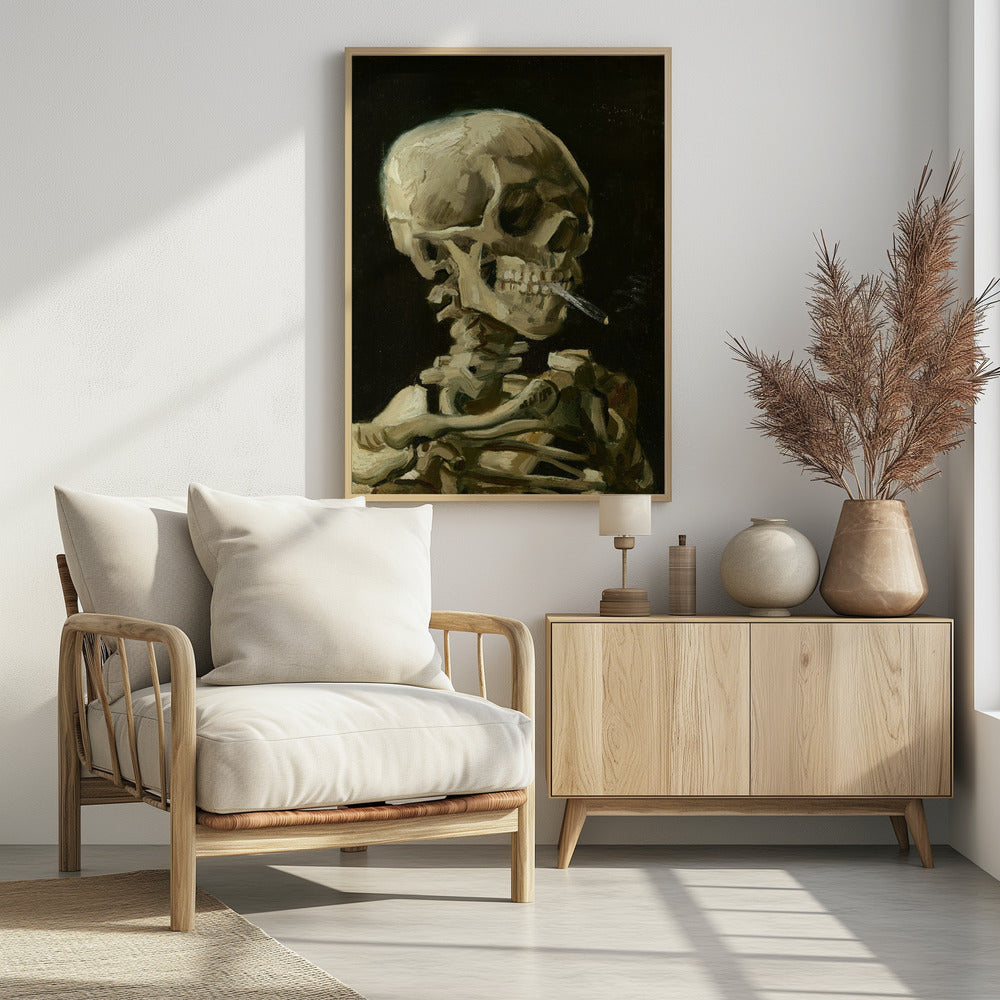 A classic oil painting depicting a human skeleton from the chest up against a stark black background. The skeleton holds a lit cigarette between its teeth, rendered in expressive brushstrokes of beige, white, and brown. Poster