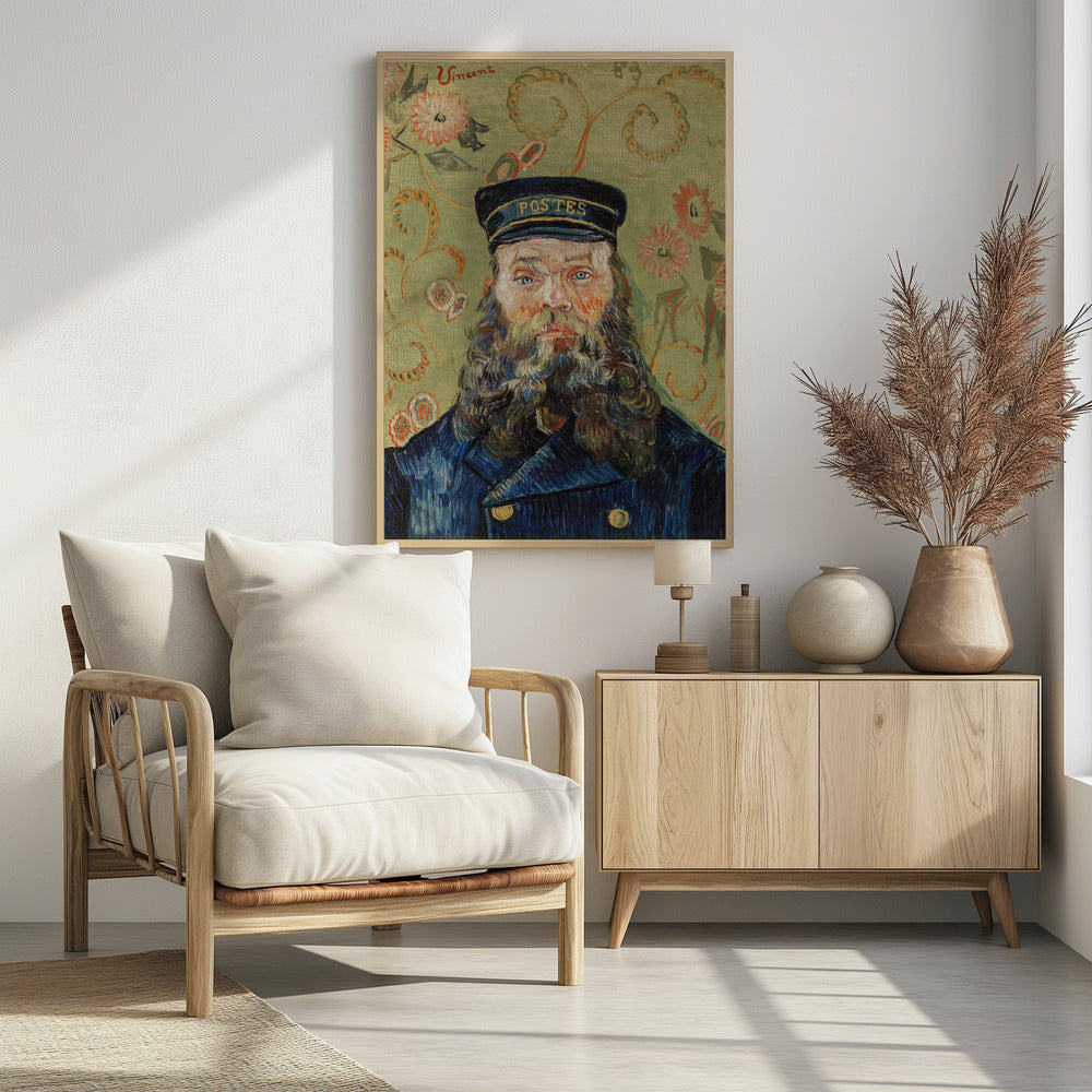 A post-impressionist portrait painting by Vincent van Gogh of the postman Joseph Roulin. He has a full beard, blue eyes, and wears a blue uniform and cap against a patterned green and yellow floral background. The artist's signature 'Vincent' is in the top left corner. Wall Art
