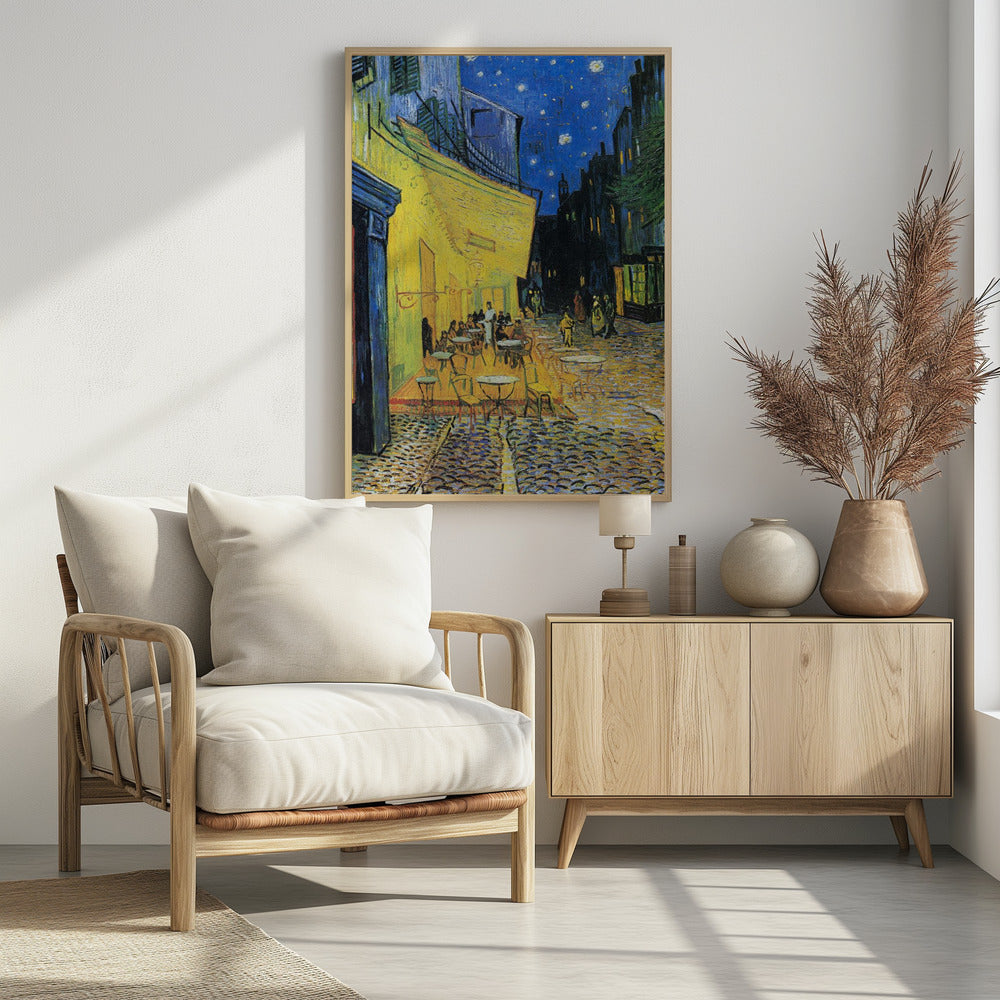 Vincent van Gogh's famous post-impressionist painting, 'Café Terrace at Night,' depicting a brightly illuminated yellow café with outdoor seating on a cobblestone street under a starry deep blue sky. Print