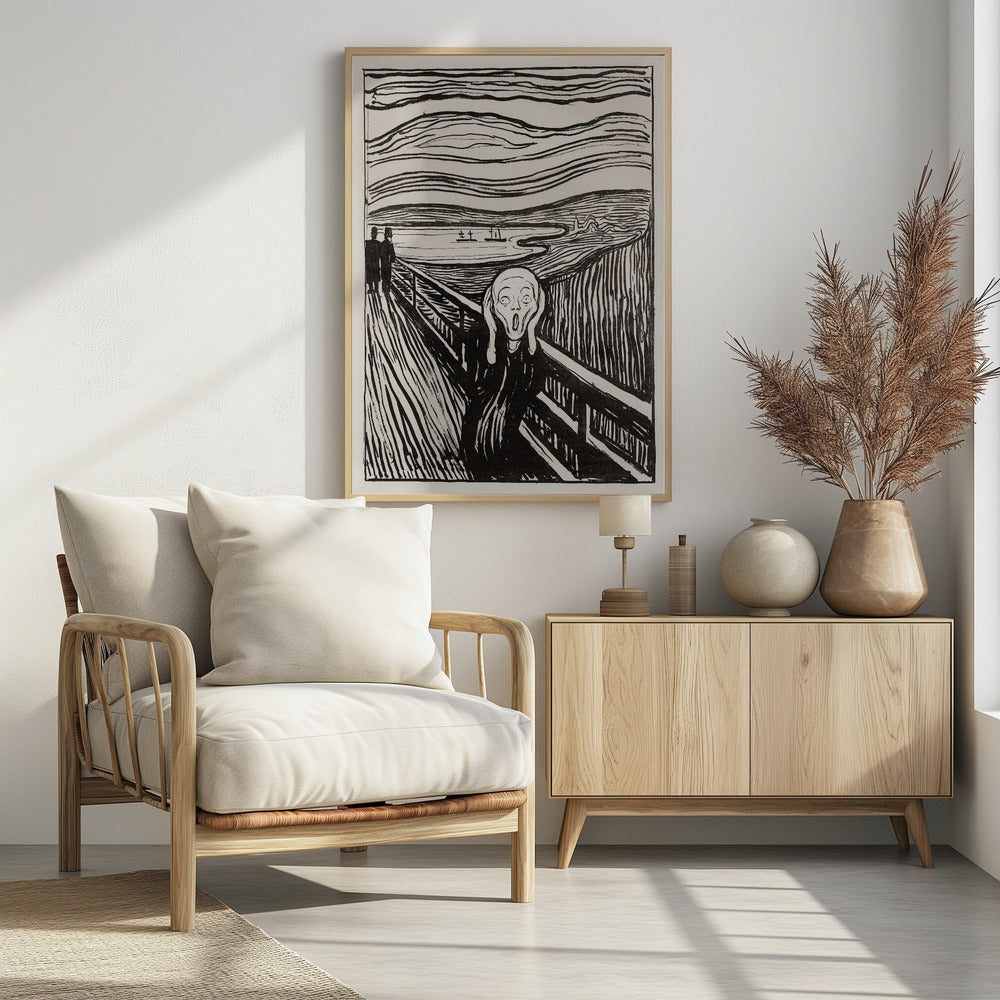 A black and white print of Edvard Munch's famous painting 'The Scream,' featuring a tormented figure on a bridge holding its head with a look of horror. The background consists of swirling lines representing the sky and a fjord, all rendered in a stark, expressionist style and enclosed in a simple black frame. Wall Art