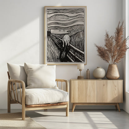 A black and white print of Edvard Munch's famous painting 'The Scream,' featuring a tormented figure on a bridge holding its head with a look of horror. The background consists of swirling lines representing the sky and a fjord, all rendered in a stark, expressionist style and enclosed in a simple black frame. Wall Art