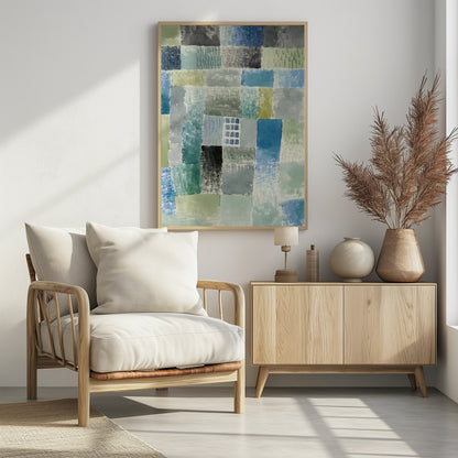 An abstract watercolor painting composed of a grid of rectangular patches in various shades of blue, green, and grey. The patches have a textured, layered appearance, and near the center is a small, distinct grid of blue squares resembling a window. The artist's signature is visible in the bottom right corner. Print